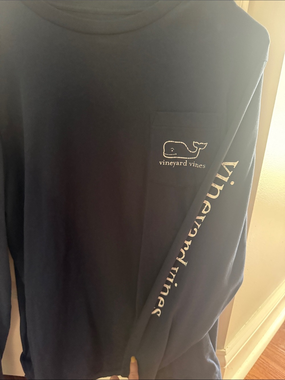 Vineyard Vines Navy Long-Sleeve Pocket Tee with Whale Logo